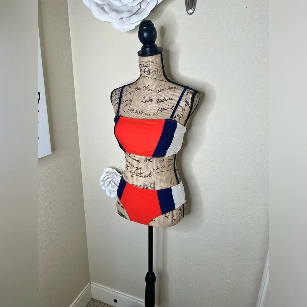 Cupshe Colorblock Bikini Set Orange Blue White Mid Rise Swim Size M - Picture 3 of 16